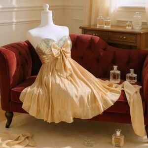Sherri Hill Golden Prom Dress – Strapless Silk Mini, Sequins & Bow – Size 0